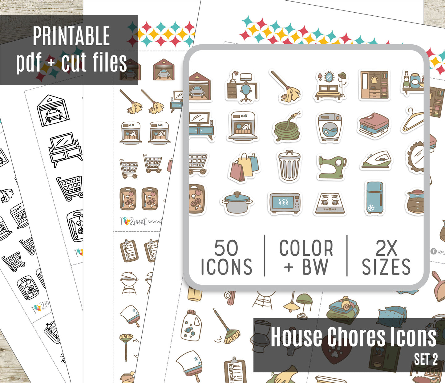 50 Home Chores Stickers set II – Printable Planner Icons (PDF & Cut Files)