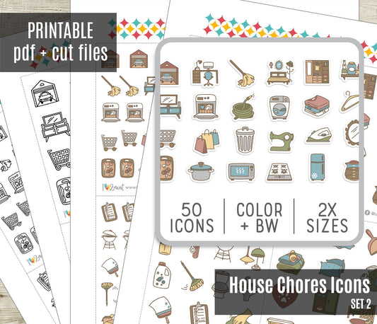50 Home Chores Stickers set II – Printable Planner Icons (PDF & Cut Files)