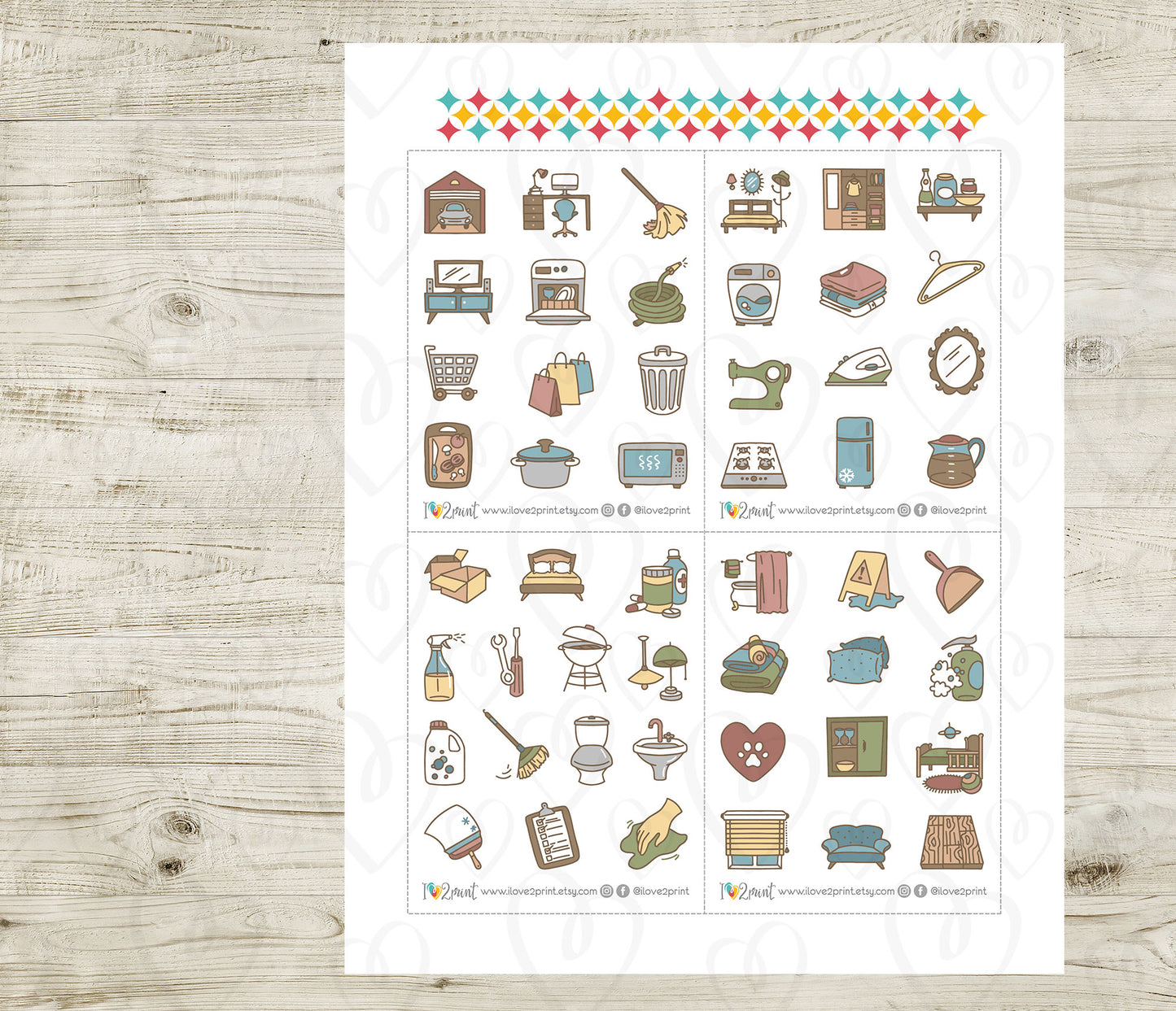 50 Home Chores Stickers set II – Printable Planner Icons (PDF & Cut Files)