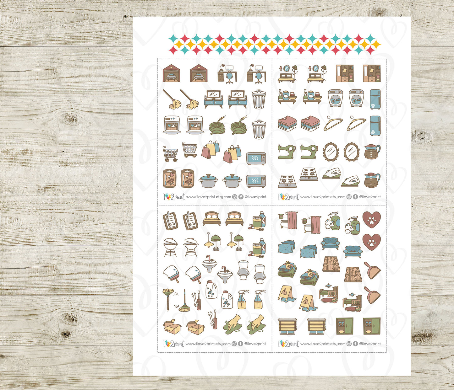 50 Home Chores Stickers set II – Printable Planner Icons (PDF & Cut Files)