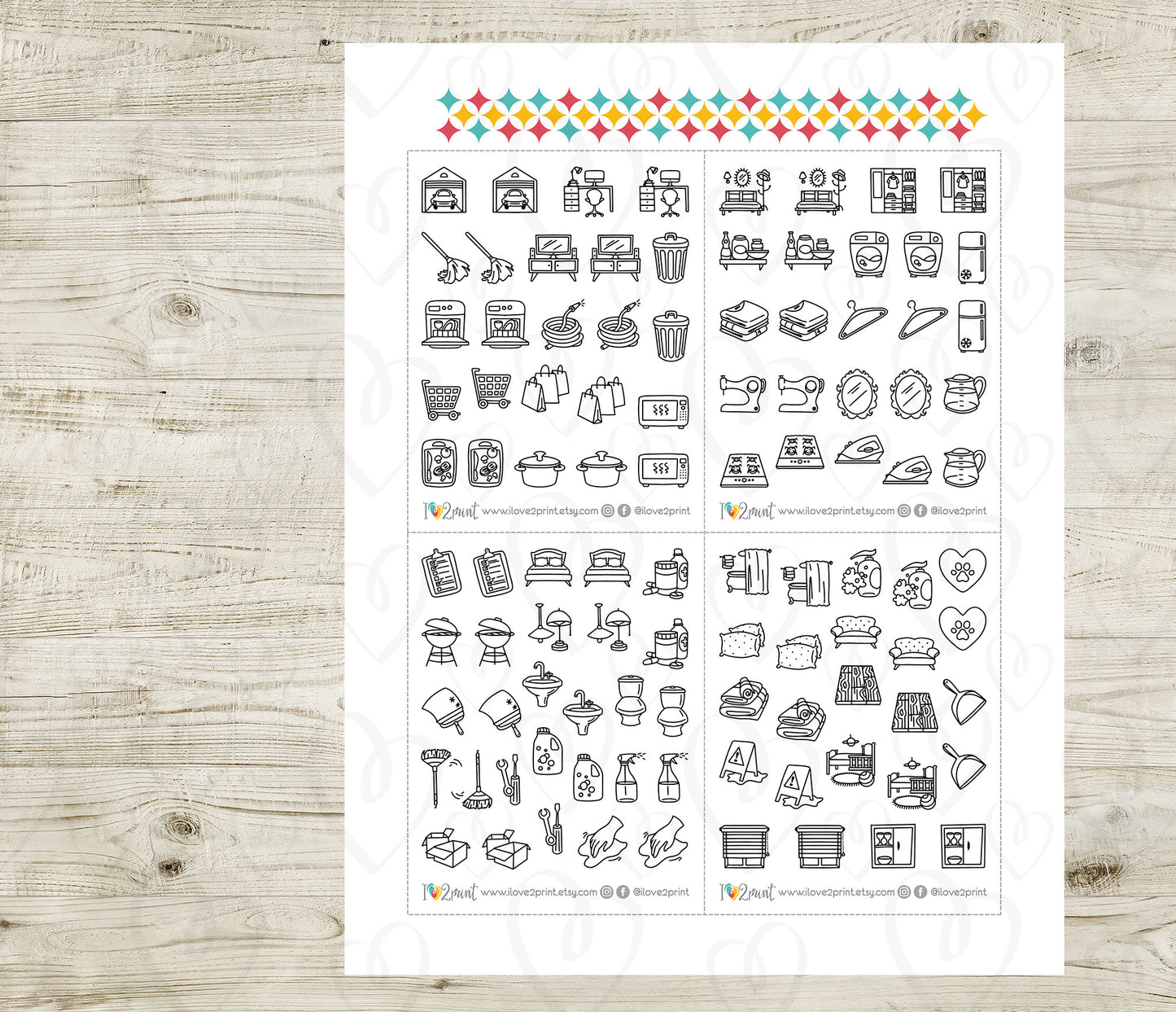 50 Home Chores Stickers set II – Printable Planner Icons (PDF & Cut Files)