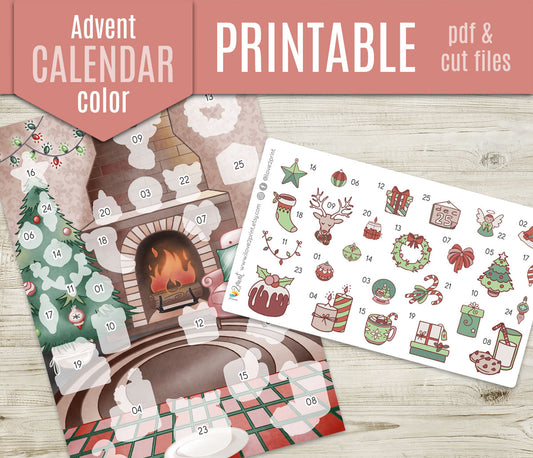 Christmas Advent Calendar Printable | Holiday Countdown Stickers | Festive PDF & Cut Files