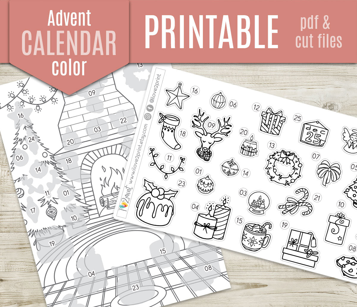 Christmas Coloring Advent Calendar Printable | Holiday Countdown Stickers | Festive PDF & Cut Files