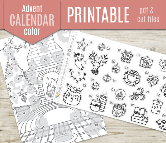 Christmas Coloring Advent Calendar Printable | Holiday Countdown Stickers | Festive PDF & Cut Files