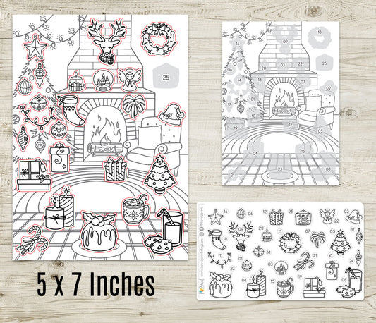 Christmas Coloring Advent Calendar Printable | Holiday Countdown Stickers | Festive PDF & Cut Files