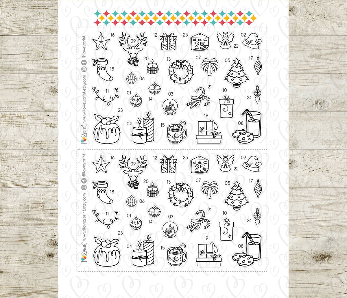 Christmas Coloring Advent Calendar Printable | Holiday Countdown Stickers | Festive PDF & Cut Files