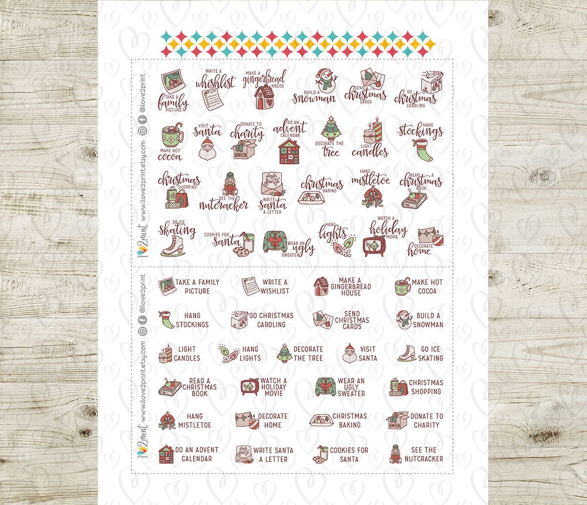 Christmas Bucket List Printable Stickers – Hand Drawn Holiday Planner Icons - PDF & Cut Files