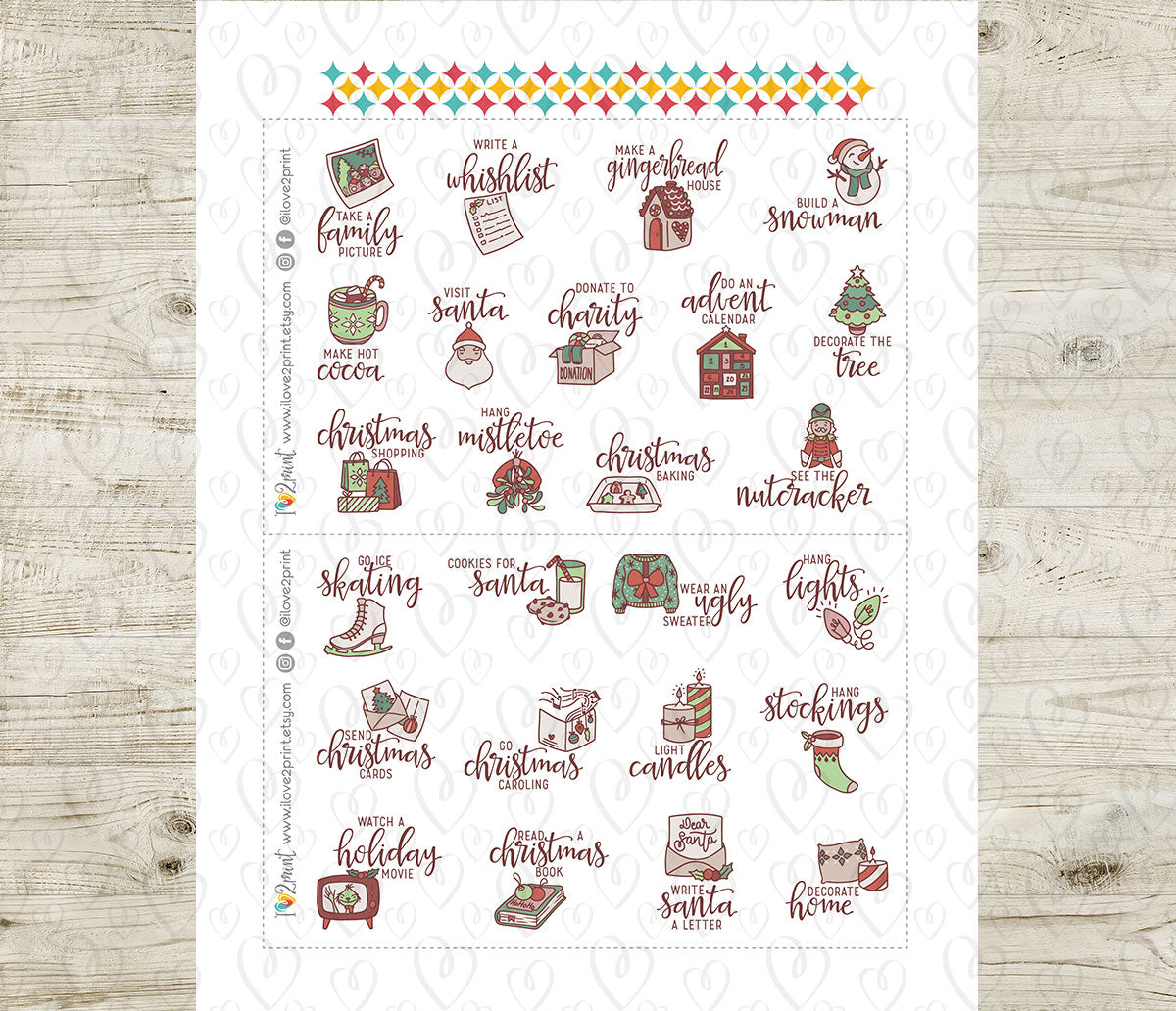 Christmas Bucket List Printable Stickers – Hand Drawn Holiday Planner Icons - PDF & Cut Files