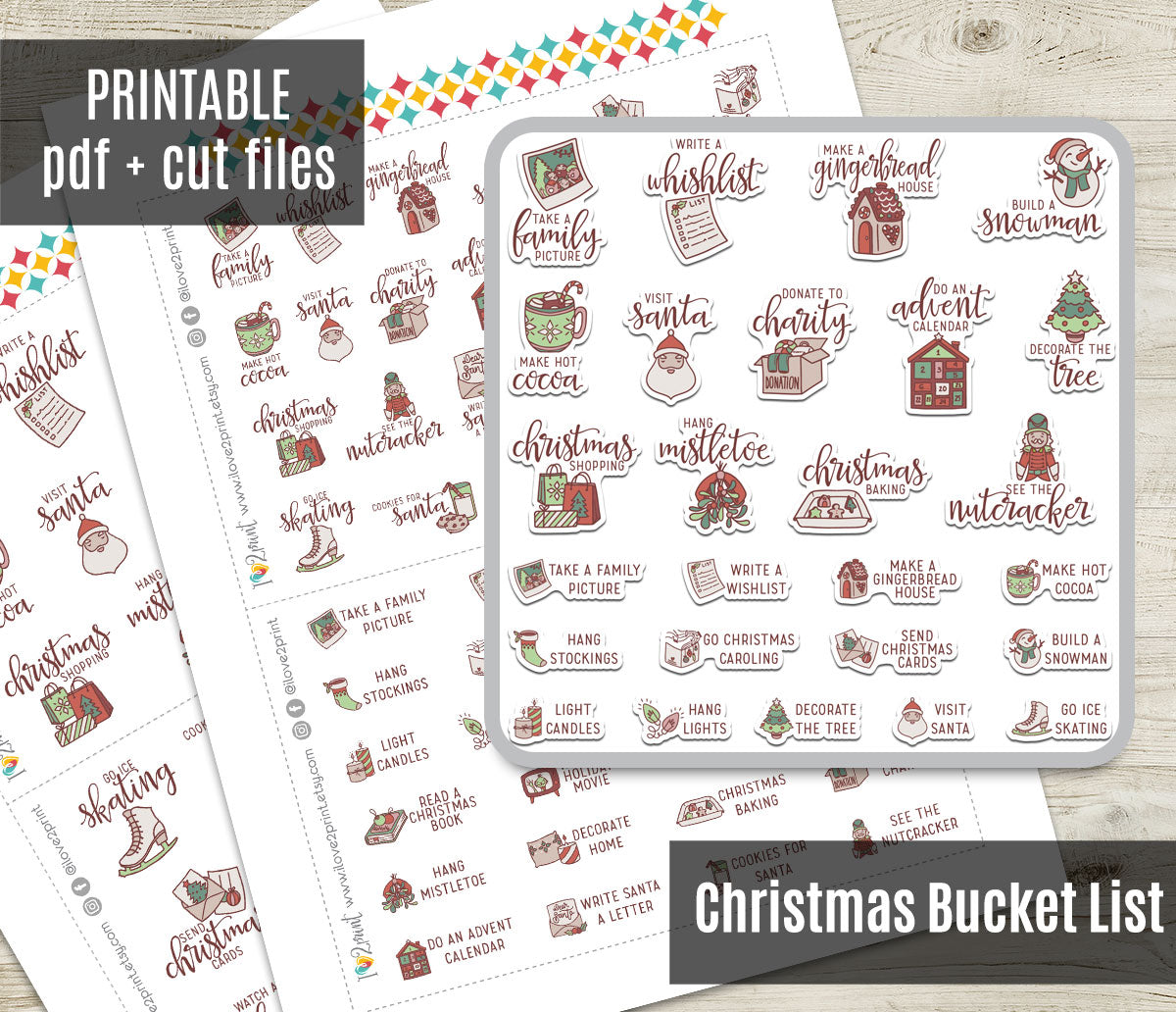 Christmas Bucket List Printable Stickers – Hand Drawn Holiday Planner Icons - PDF & Cut Files