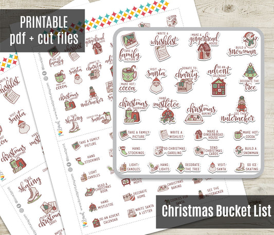 Christmas Bucket List Printable Stickers – Hand Drawn Holiday Planner Icons - PDF & Cut Files
