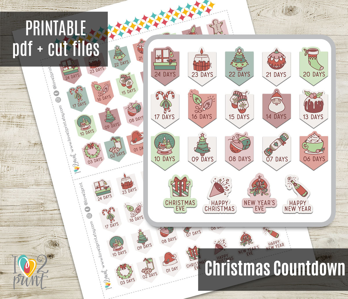 Christmas Countdown Printable Stickers – Hand Drawn Holiday Planner Icons - PDF & Cut Files