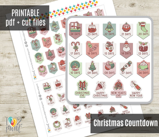 Christmas Countdown Printable Stickers – Hand Drawn Holiday Planner Icons - PDF & Cut Files