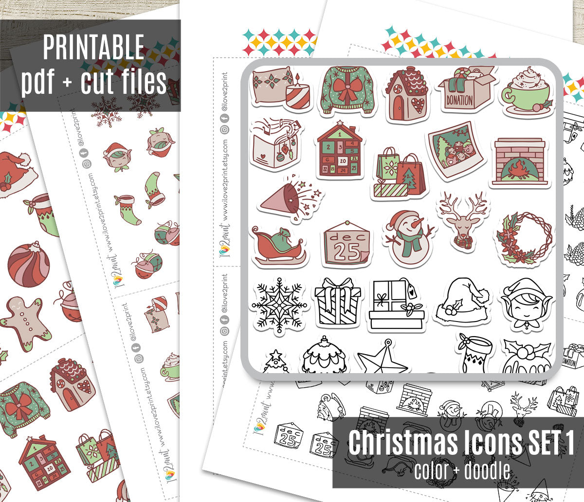 Christmas Printable Icons Stickers SET 1 – Color and Stamp Planner Icons - PDF & Cut Files
