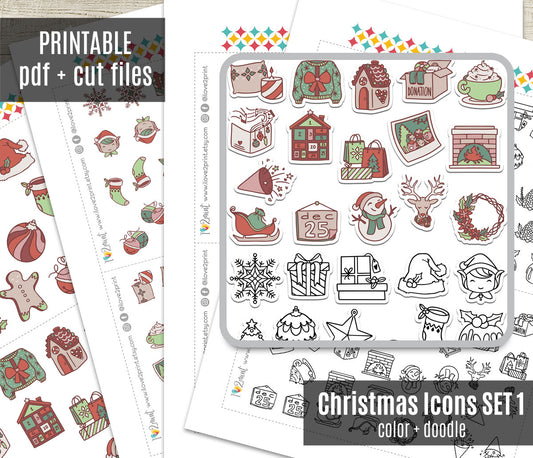 Christmas Printable Icons Stickers SET 1 – Color and Stamp Planner Icons - PDF & Cut Files