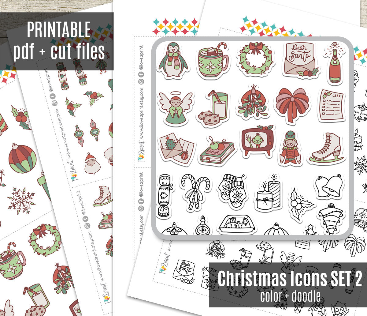 Christmas Printable Icons Stickers SET 2 – Color and Stamp Planner Icons - PDF & Cut Files