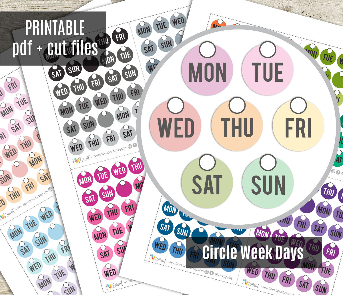Circular stickers with days of the week labels in pastel colors on a white background.