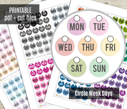 Circular stickers with days of the week labels in pastel colors on a white background.
