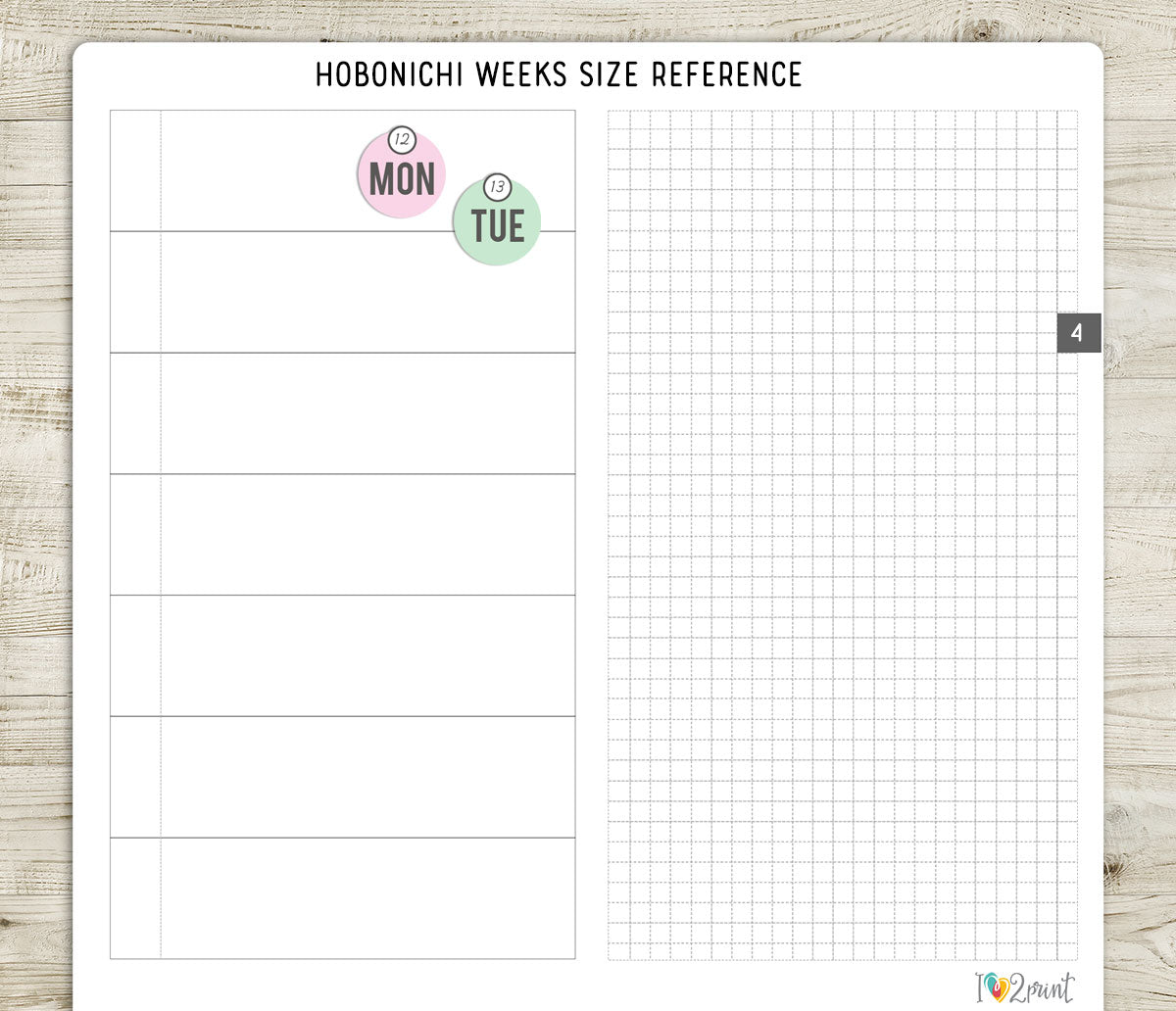 Days of the week stickers on a Hobonichi Weeks size reference sheet on a wooden surface