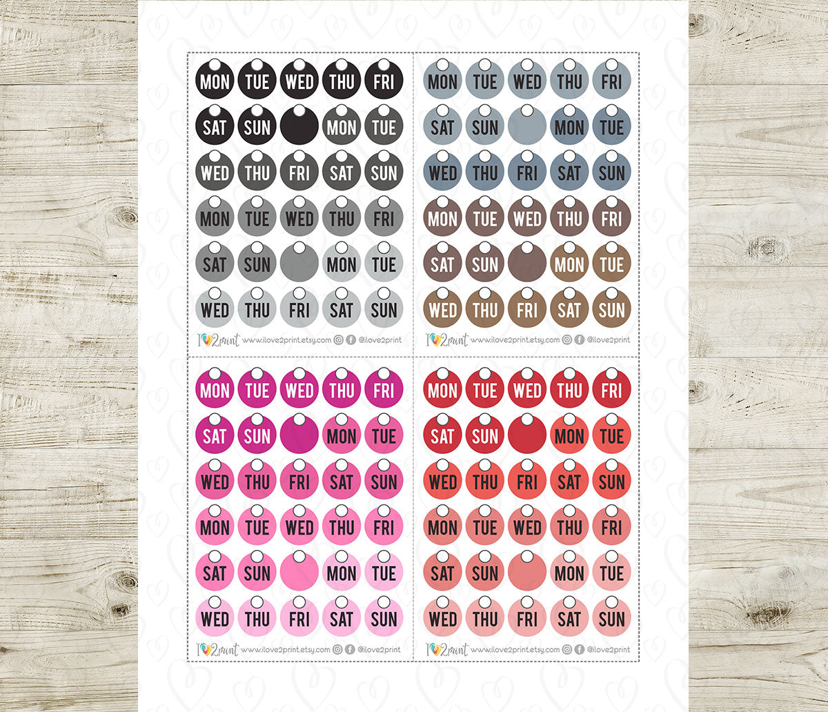 Sheet of colorful day-of-the-week labels on a wooden surface