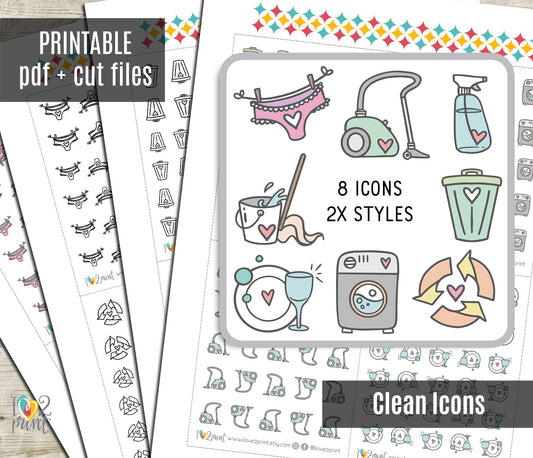 Cleaning Icons Stickers Set  - Functional Printable Stickers - PDF & Cut Files