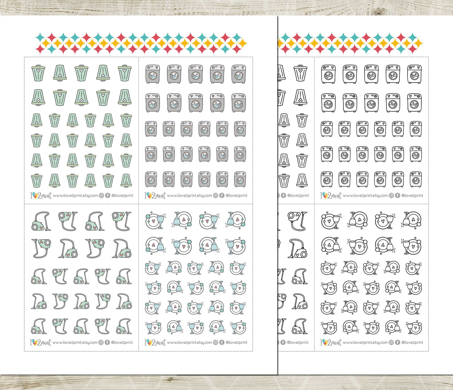 Cleaning Icons Stickers Set  - Functional Printable Stickers - PDF & Cut Files