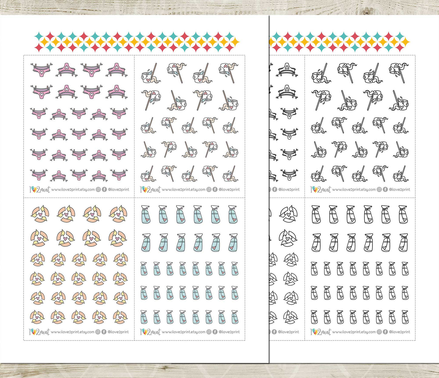 Cleaning Icons Stickers Set  - Functional Printable Stickers - PDF & Cut Files