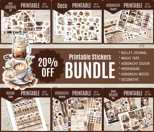 Promotional image of a printable stickers bundle with various designs and a 20% off offer.