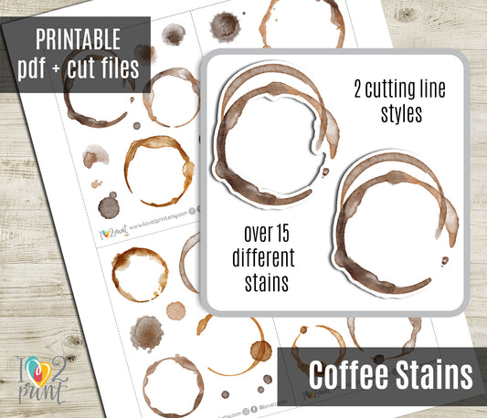 Coffee Stains Sticker Set – Watercolor Functional & Decorative Overlays – PDF + Cut Files