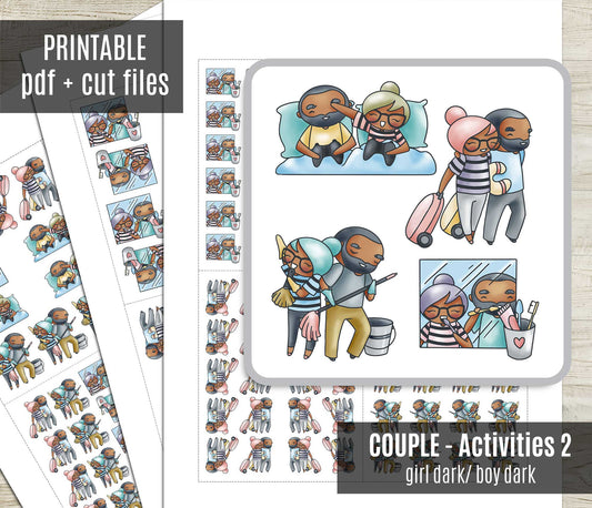 Couple Activities COLOR Printable Stickers Set 2 - Elena & Oliver (Dark Skin Duo)