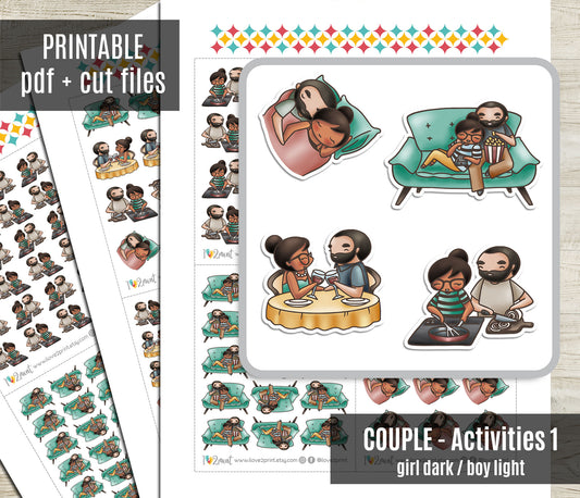 Couple Activities Printable Stickers Set 1 - Elena (Dark Skin) & Oliver (Light Skin)