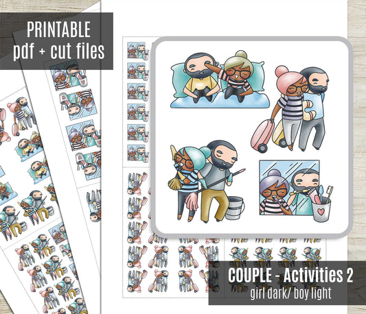Couple Activities COLOR Printable Stickers Set 2 - Elena (Dark Skin) & Oliver (Light Skin)