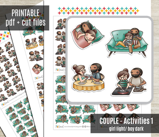 Couple Activities Printable Stickers Set 1 - Elena (Light Skin) & Oliver (Dark Skin)