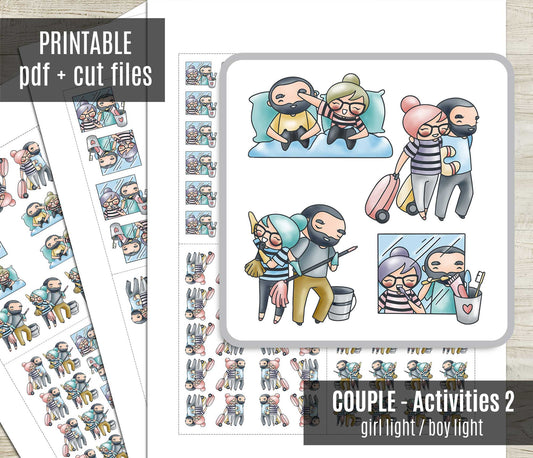 Couple Activities COLOR Printable Stickers Set 2 - Elena & Oliver (Light Skin Duo)