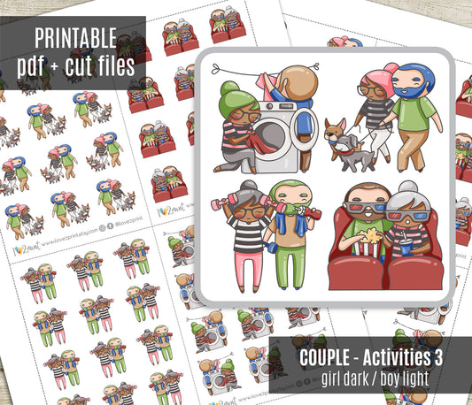 Couple Activities COLOR Printable Stickers Set 3 - Elena (Dark Skin) & Oliver (Light Skin)