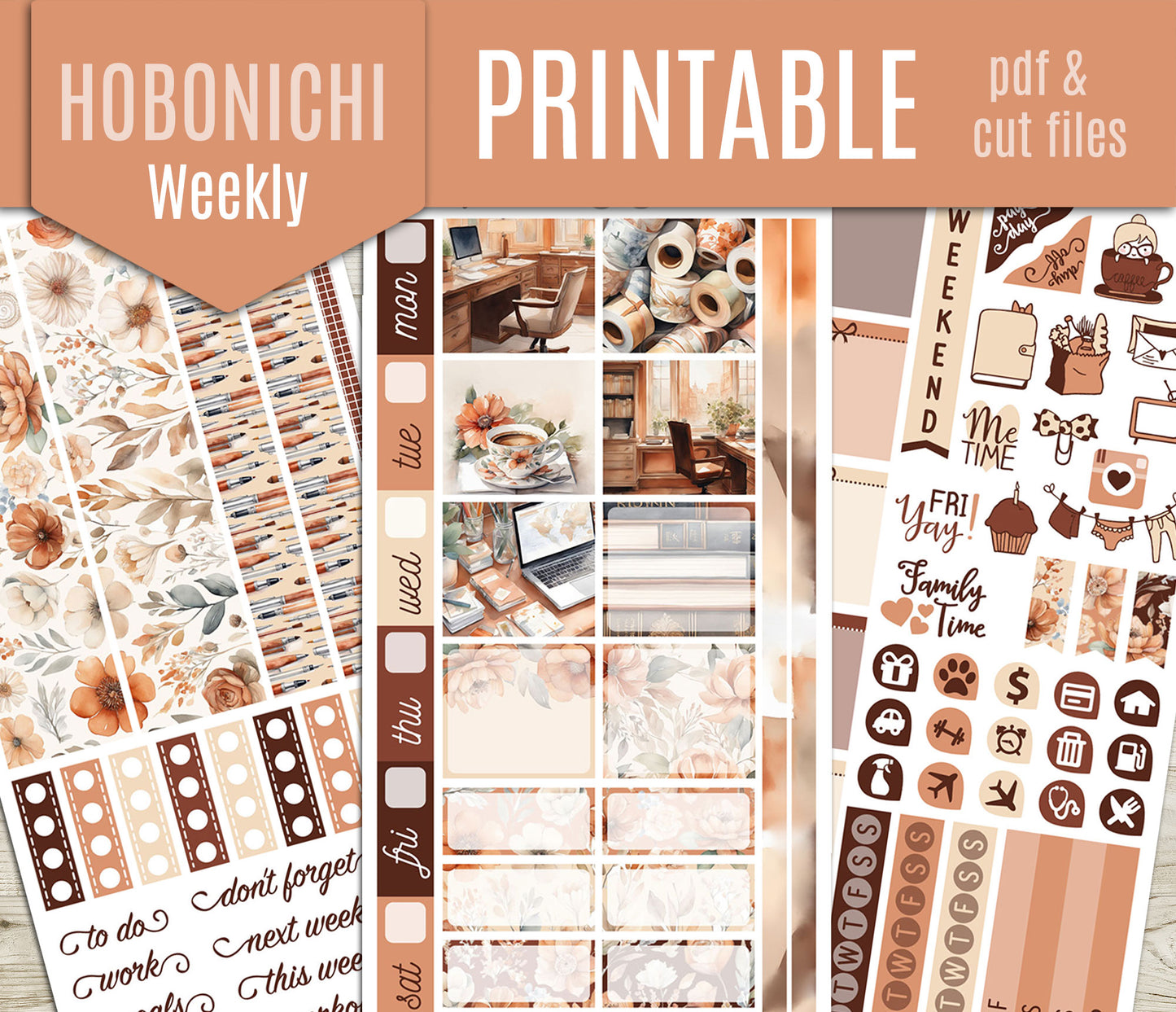 Cozy Office Hobonichi Weeks Stickers | Terracotta Work Slim Fit | PDF Cut Files