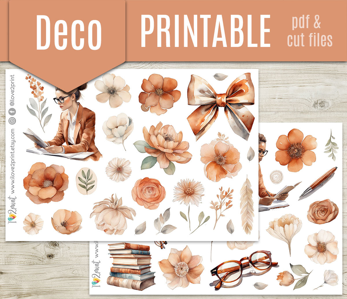 Cozy Office Decorative Printable Stickers | Terracotta Floral Work | PDF Cut Files | Instant Download