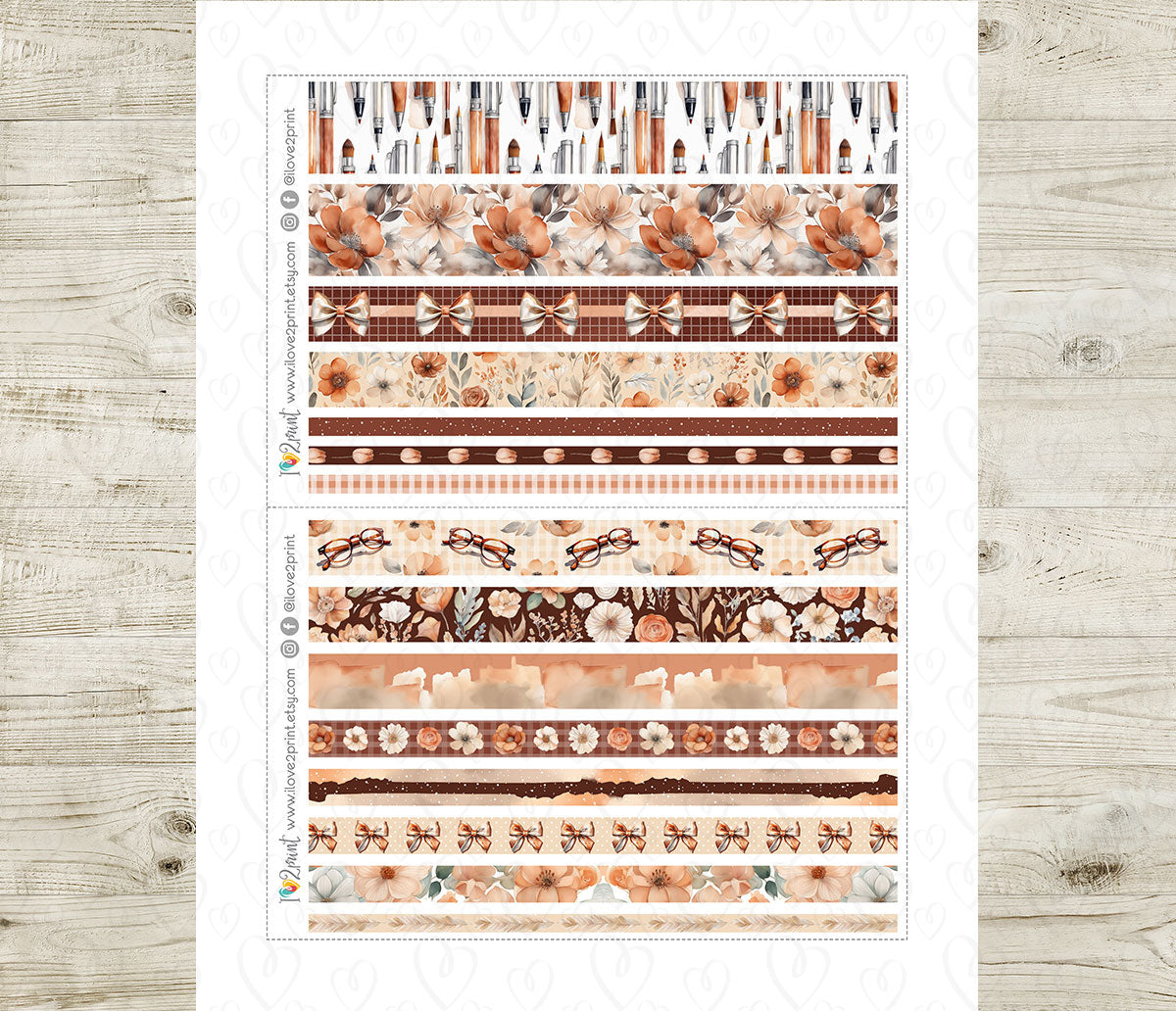 Cozy Office Washi Tape Printable Stickers | Terracotta Floral Workspace Strips | PDF Cut Files
