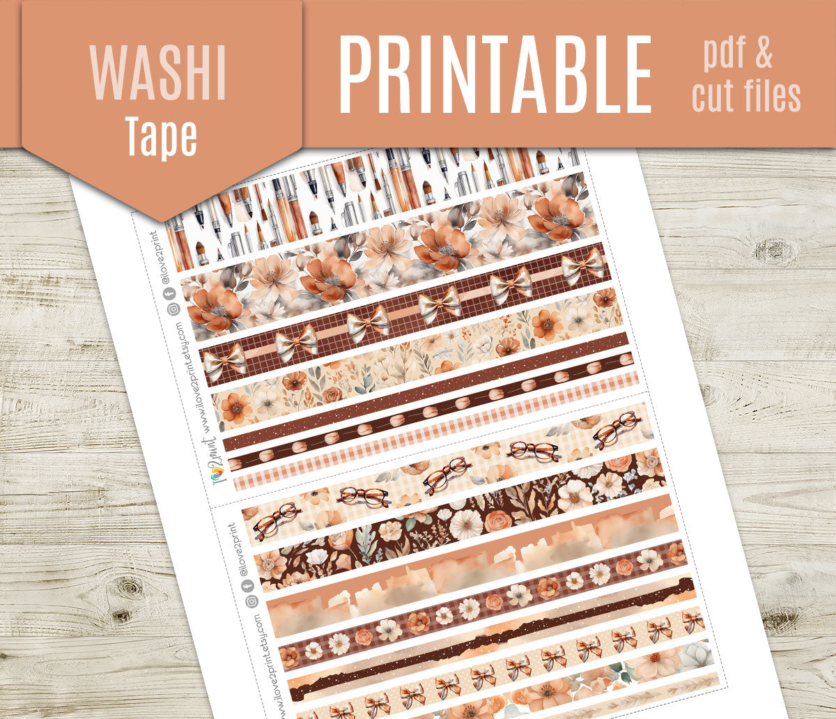 Cozy Office Washi Tape Printable Stickers | Terracotta Floral Workspace Strips | PDF Cut Files
