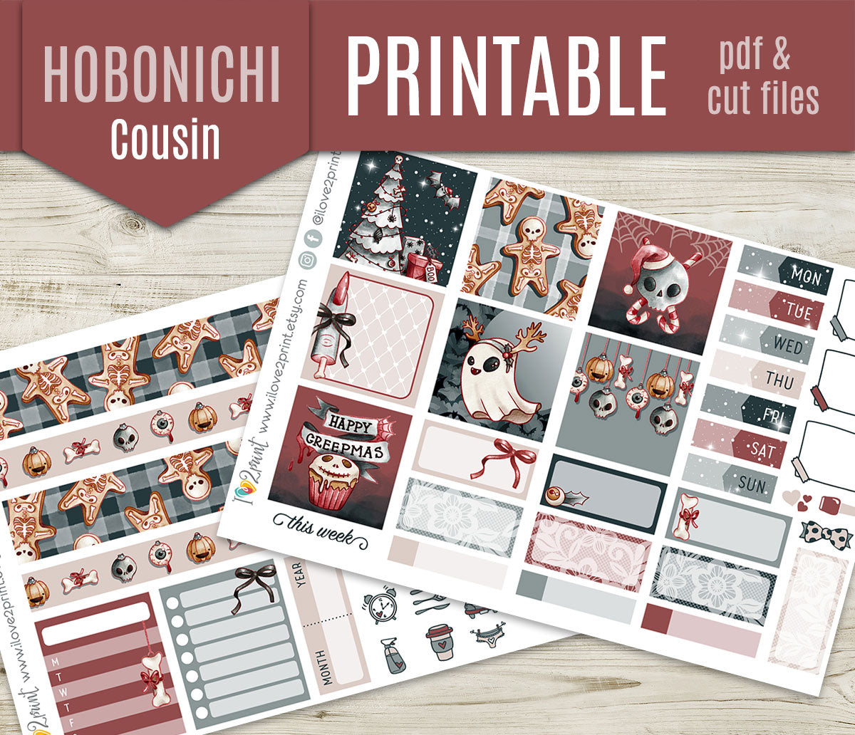 Creepmas Hobonichi Cousin Weekly Kit | Spooky Cute Planner Stickers | A5 Printable & Cut Files