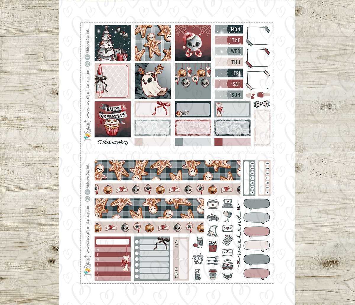 Creepmas Hobonichi Cousin Weekly Kit | Spooky Cute Planner Stickers | A5 Printable & Cut Files