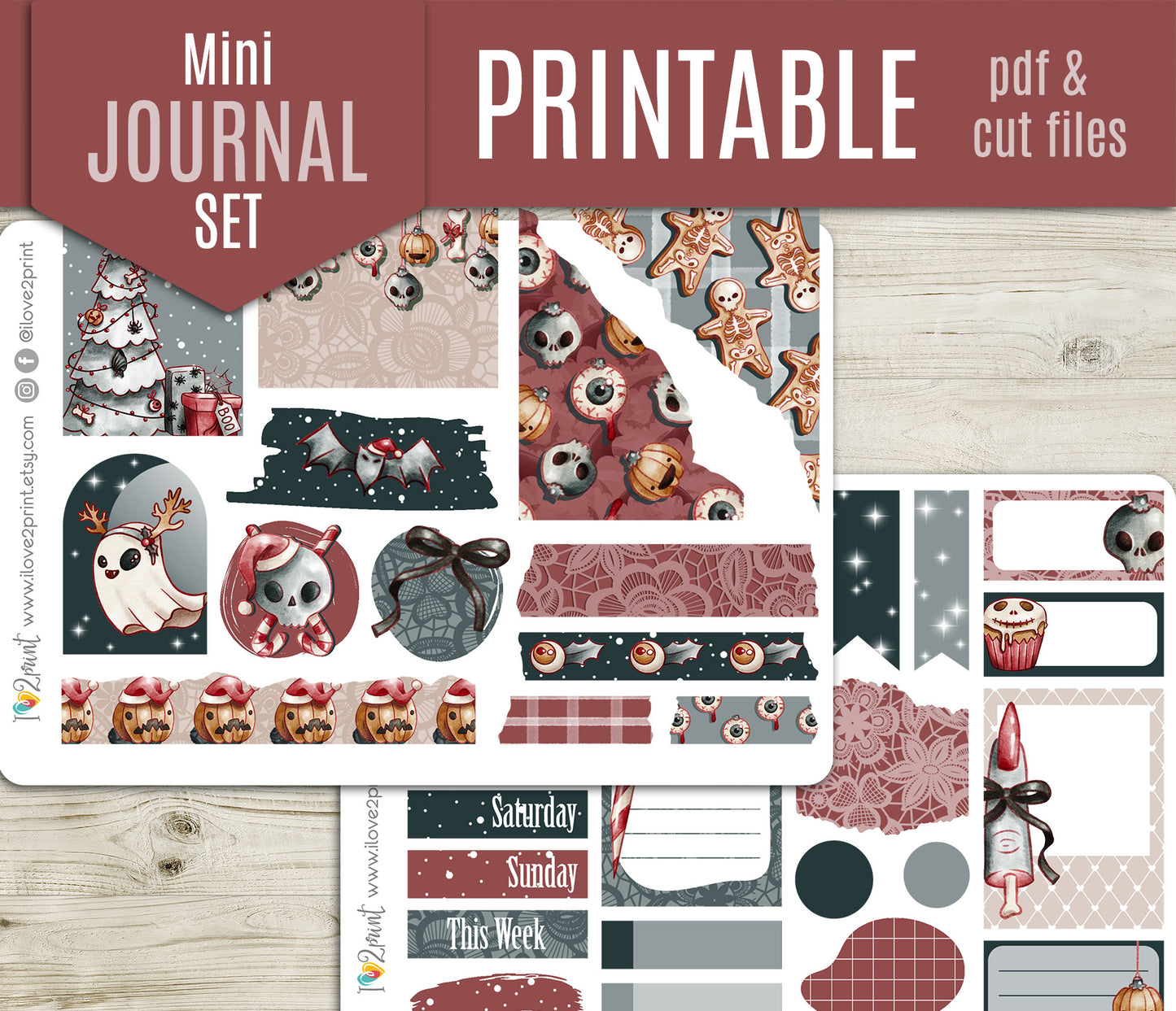 Creepmas Bullet Journal Set | Spooky Cute Hand-Drawn Bujo Kit | Printable Stickers & Graphics