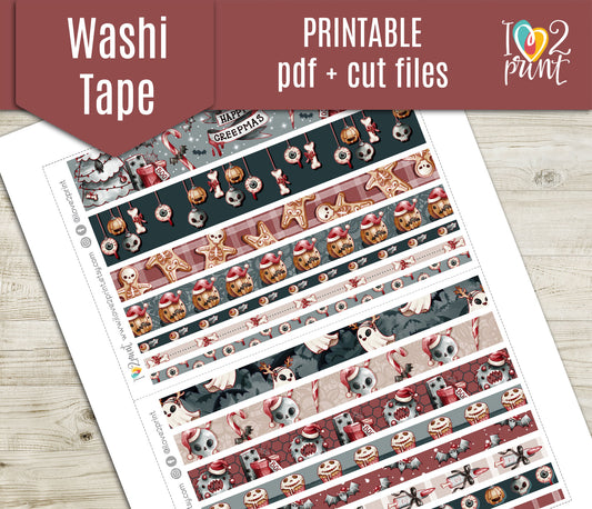 Creepmas Washi Strips Set | Spooky Cute Planner Washi Tape | Hand-Drawn Printable & Cut Files