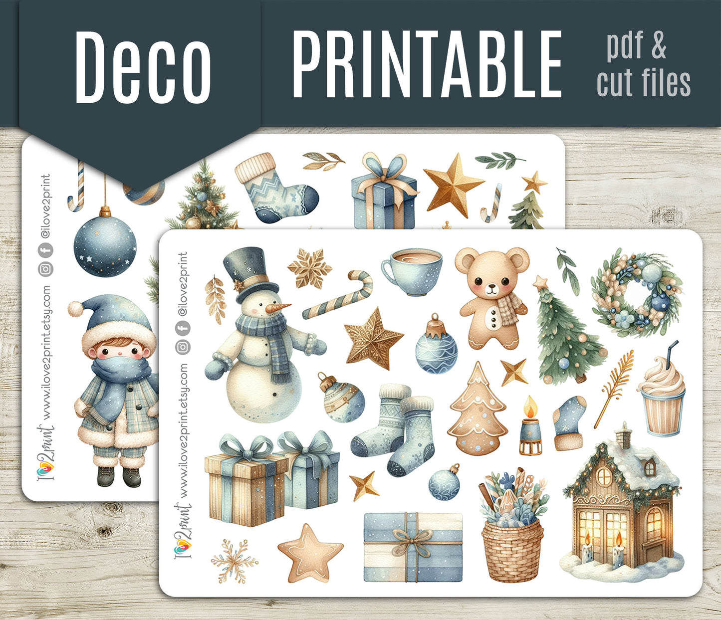 Cute Christmas –  Holidays Decorative Stickers – Printable PDF & Cut Files