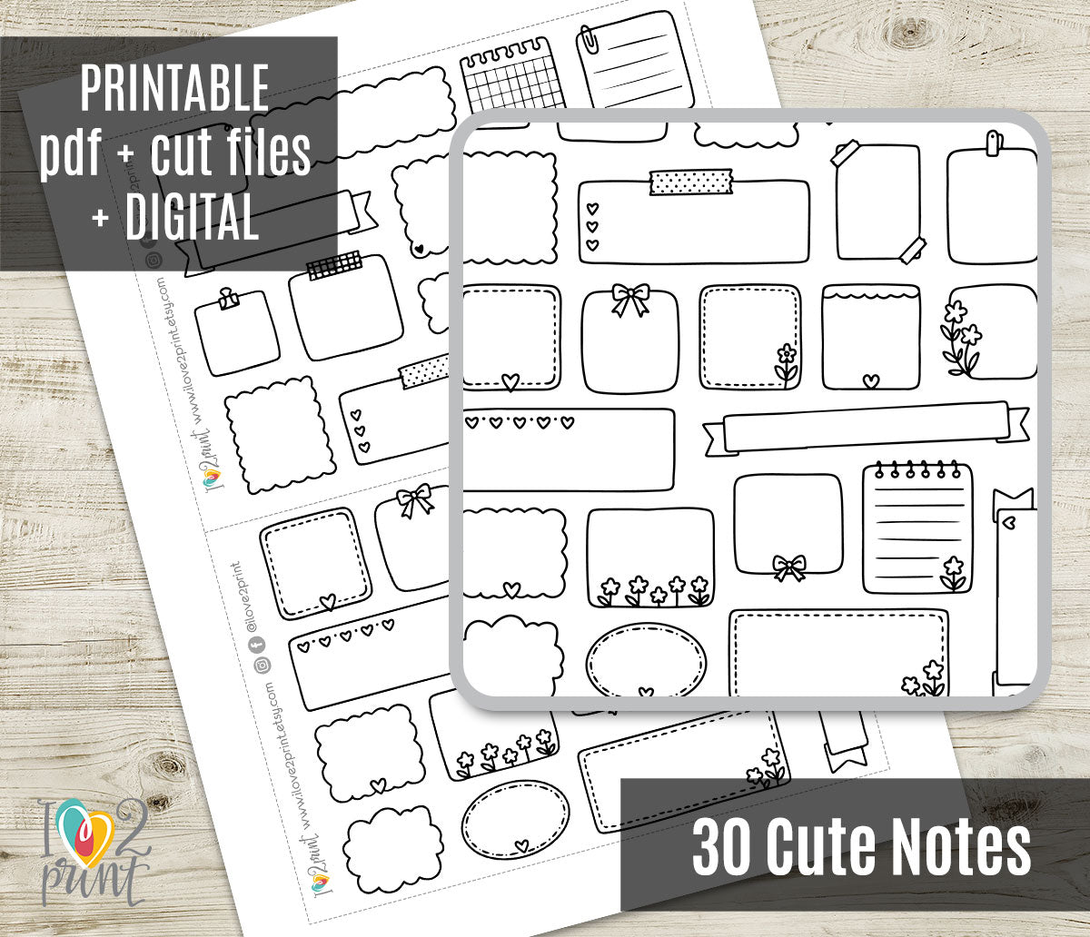 30 Cute Doodle Notes Printable Stickers | Flowers Hearts | Planner Stickers