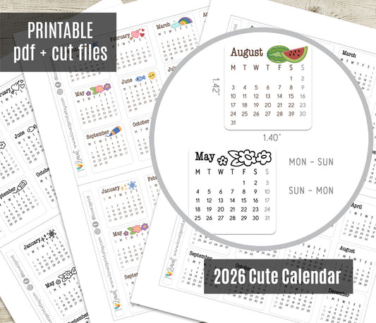 2026 Cute Doodles Calendar Printable Stickers – Digital Download - PDF & Cut Files