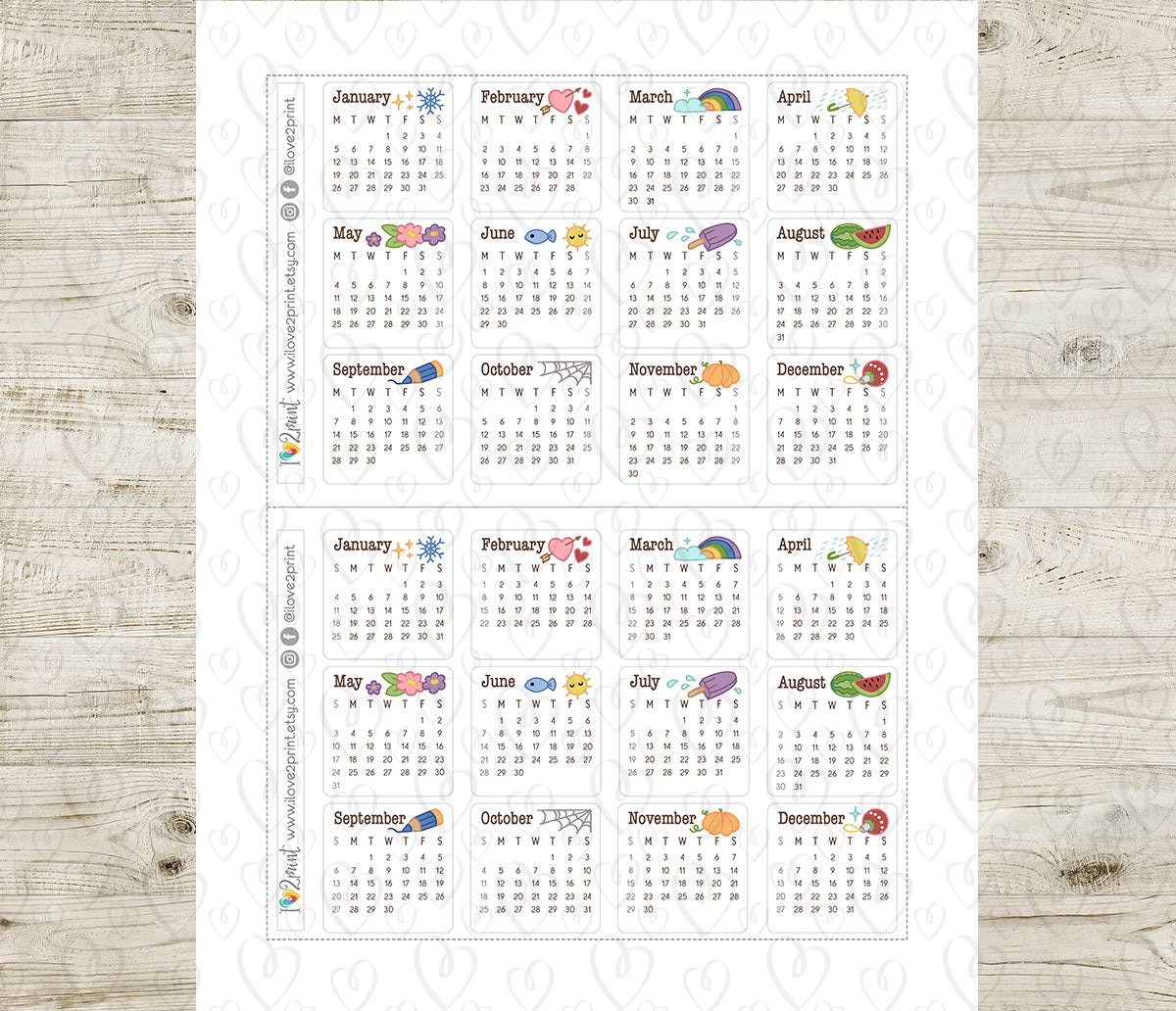 2026 Cute Doodles Calendar Printable Stickers – Digital Download - PDF & Cut Files