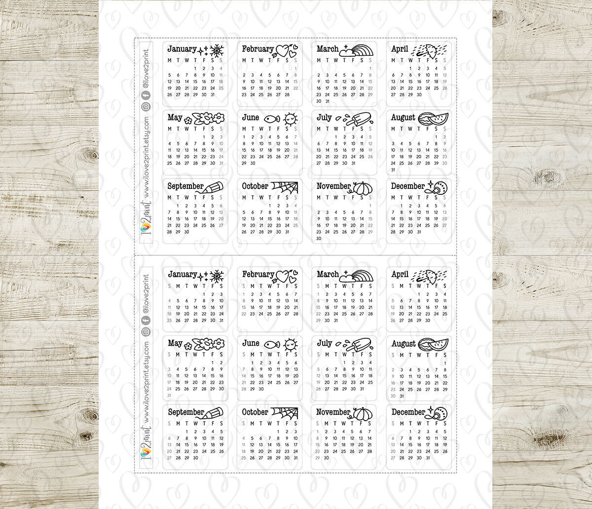 2026 Cute Doodles Calendar Printable Stickers – Digital Download - PDF & Cut Files