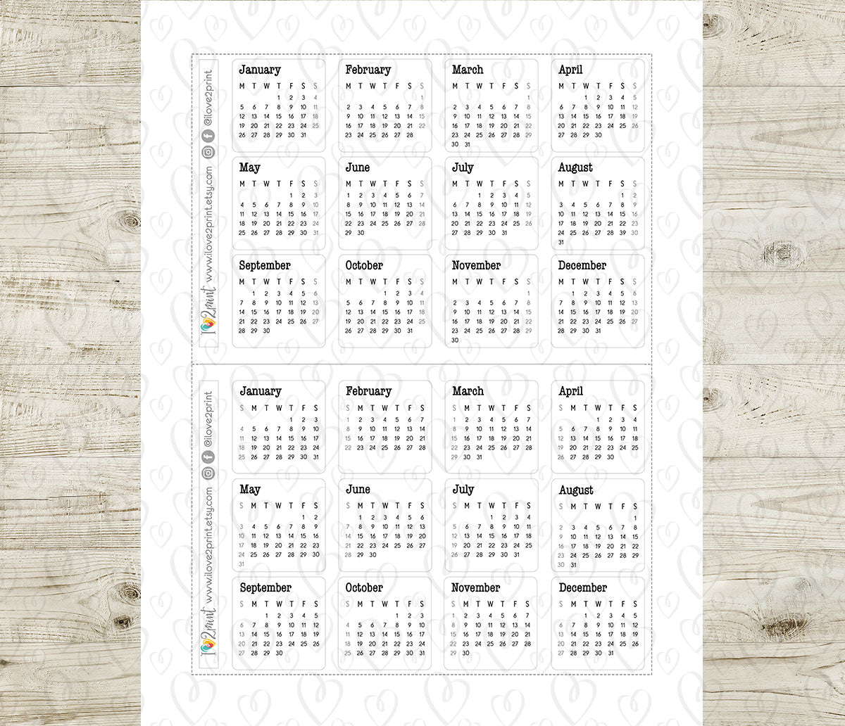 2026 Cute Doodles Calendar Printable Stickers – Digital Download - PDF & Cut Files