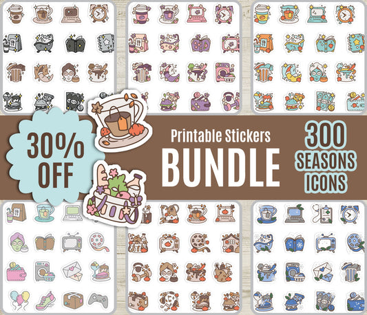 300 Daily Life Icons Mega Bundle – 6 Seasonal & Neutral Printable Sticker Sets