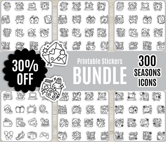 300 Daily Life Icons Mega Bundle – 6 DOODLE Seasonal & Neutral Printable Sticker Sets